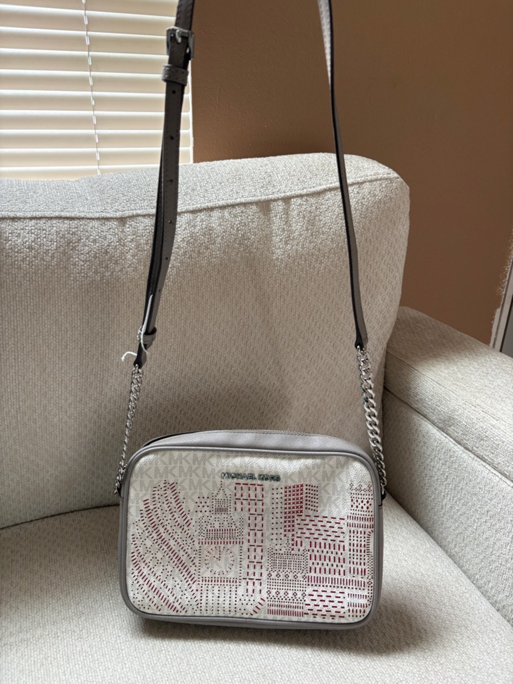 Michael Kors White Crossbody Camera Bag showing the London skyline